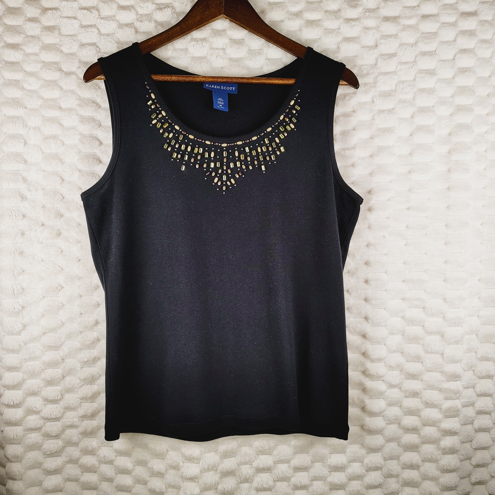 Karen Scott Black Tank With Beaded Neckline Women's Size Medium
